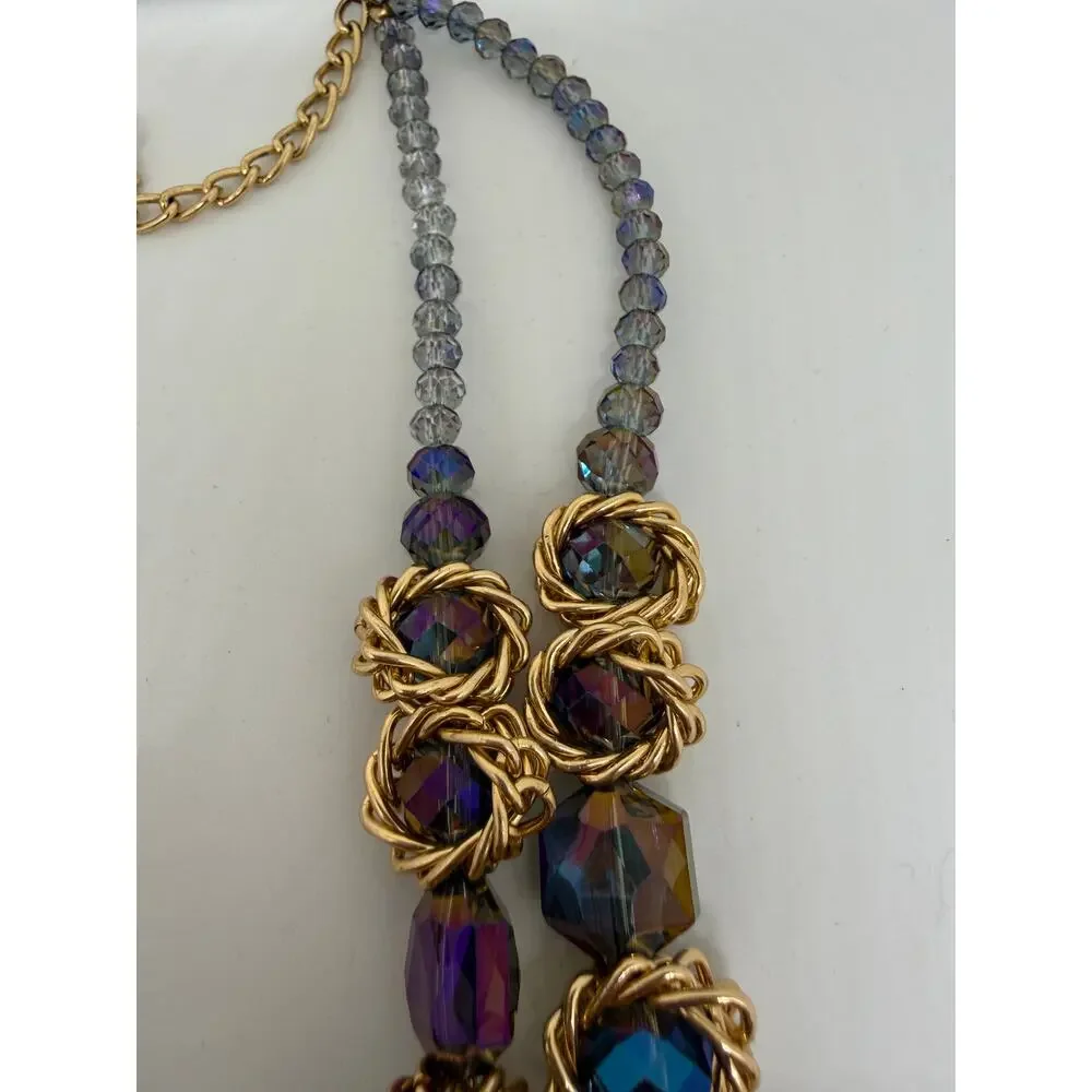 Purple Iridescent Statement Necklace Gold Tone Double Strand Faceted Glass Beads